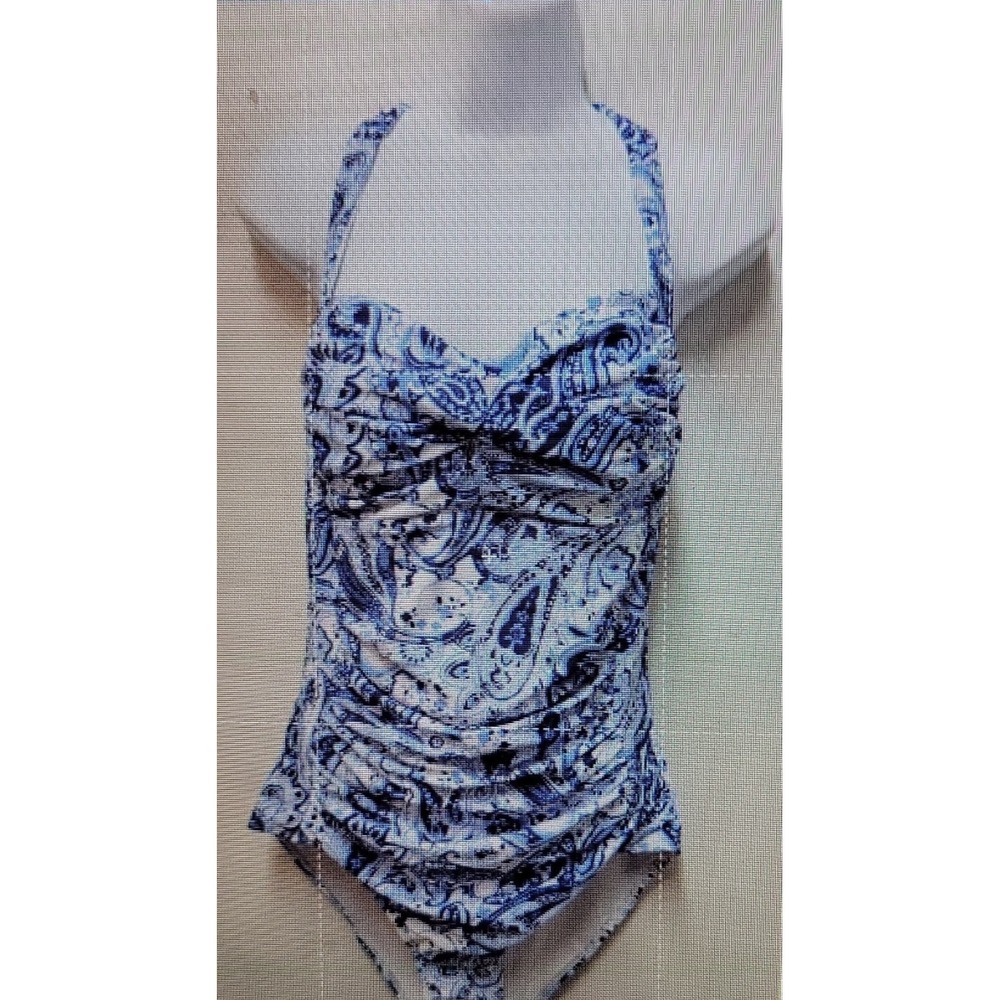 Marinavida Paisley Halter One Piece Swimsuit Top Blue Ruched Stretch Size S Beac
